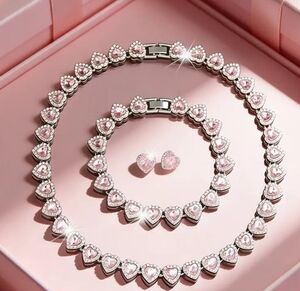 Ariana Grande Style 4 Pc Jewlery Set In  Pink Heart Zirconia White Gold Plating